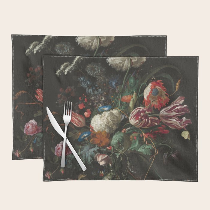 Still Life Parrot Tulips, Peonies, Hibiscus, Hydranga, Periwinkle Flowers in Vase by Jan de Heem Placemat Gallery Image 1