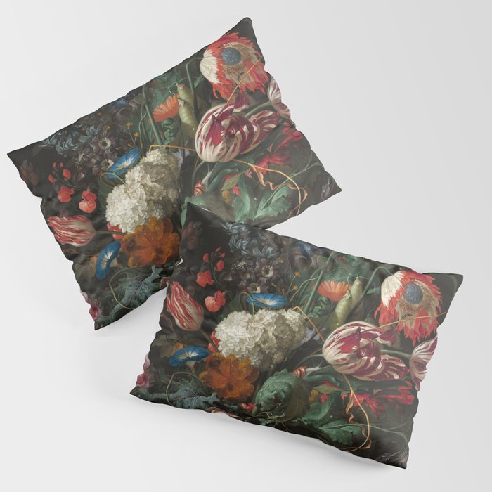 Still Life Parrot Tulips, Peonies, Hibiscus, Hydranga, Periwinkle Flowers in Vase by Jan de Heem Pillow Sham Gallery Image 1
