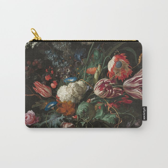 Still Life Parrot Tulips, Peonies, Hibiscus, Hydranga, Periwinkle Flowers in Vase by Jan de Heem Carry All Pouch Gallery Image 1