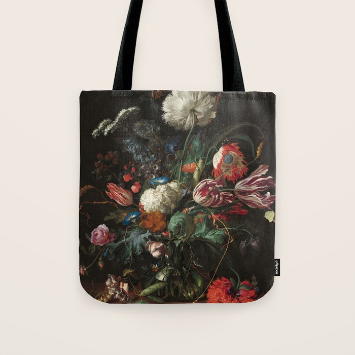 Still Life Parrot Tulips, Peonies, Hibiscus, Hydranga, Periwinkle Flowers in Vase by Jan de Heem Tote Bag Gallery Image 1