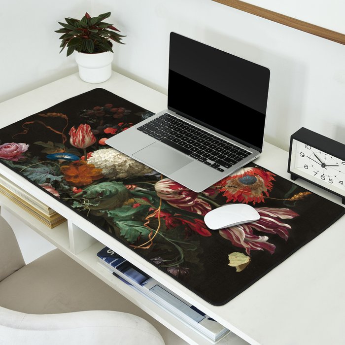 Still Life Parrot Tulips, Peonies, Hibiscus, Hydranga, Periwinkle Flowers in Vase by Jan de Heem Desk Mat Gallery Image 2