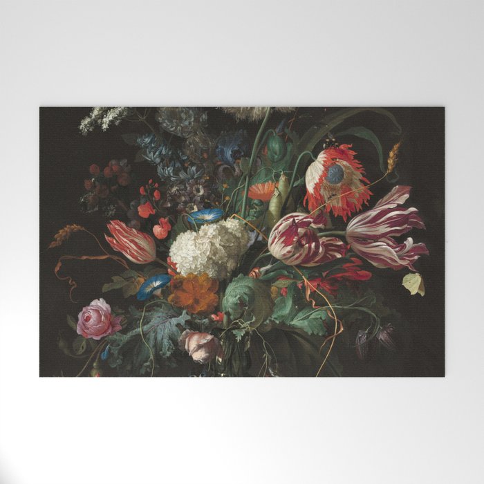 Still Life Parrot Tulips, Peonies, Hibiscus, Hydranga, Periwinkle Flowers in Vase by Jan de Heem Welcome Mat Gallery Image 1