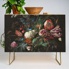 Still Life Parrot Tulips, Peonies, Hibiscus, Hydranga, Periwinkle Flowers in Vase by Jan de Heem Credenza Gallery Image 1