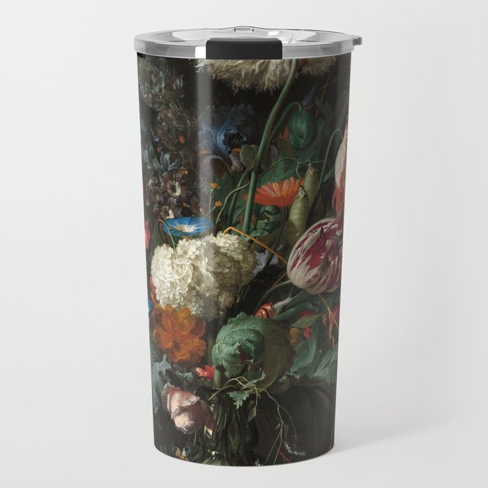 Still Life Parrot Tulips, Peonies, Hibiscus, Hydranga, Periwinkle Flowers in Vase by Jan de Heem Travel Mug Gallery Image 1