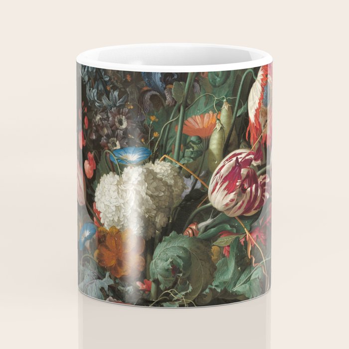 Still Life Parrot Tulips, Peonies, Hibiscus, Hydranga, Periwinkle Flowers in Vase by Jan de Heem Coffee Mug Gallery Image 4