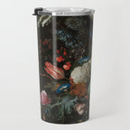 Still Life Parrot Tulips, Peonies, Hibiscus, Hydranga, Periwinkle Flowers in Vase by Jan de Heem Travel Mug Gallery Image 3