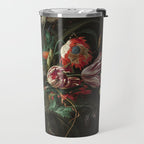 Still Life Parrot Tulips, Peonies, Hibiscus, Hydranga, Periwinkle Flowers in Vase by Jan de Heem Travel Mug Gallery Image 2
