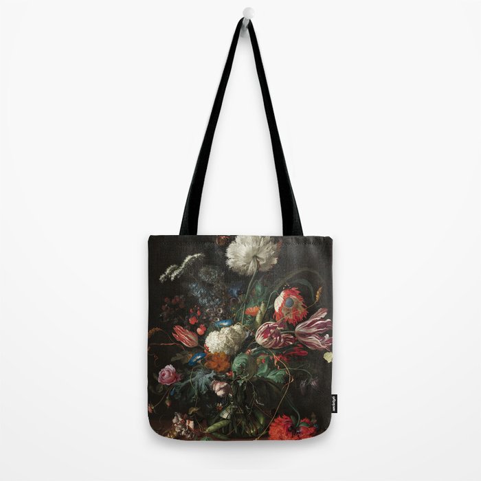Still Life Parrot Tulips, Peonies, Hibiscus, Hydranga, Periwinkle Flowers in Vase by Jan de Heem Tote Bag Gallery Image 2