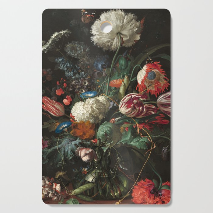 Still Life Parrot Tulips, Peonies, Hibiscus, Hydranga, Periwinkle Flowers in Vase by Jan de Heem Cutting Board Gallery Image 1