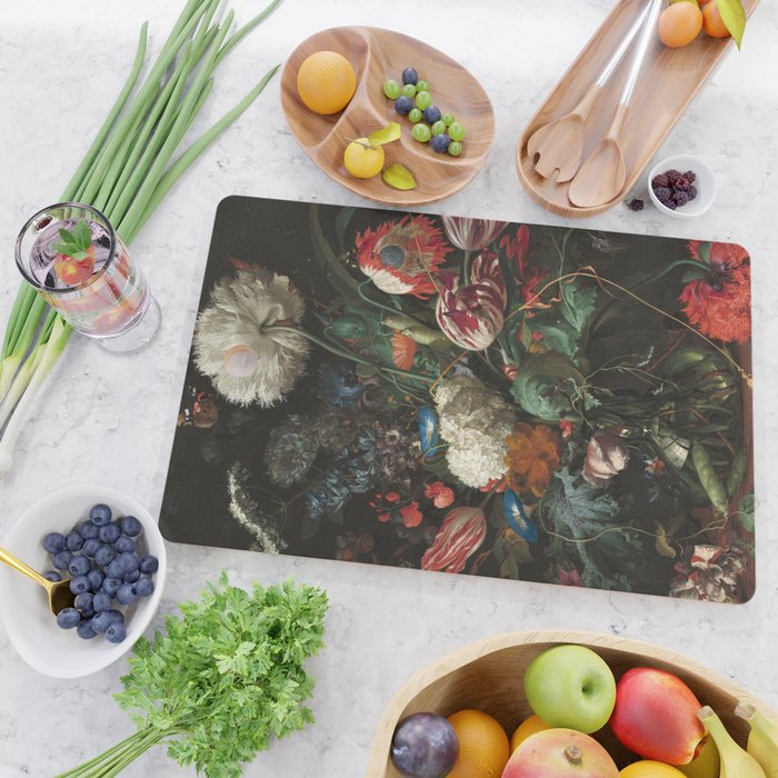 Still Life Parrot Tulips, Peonies, Hibiscus, Hydranga, Periwinkle Flowers in Vase by Jan de Heem Cutting Board Gallery Image 2