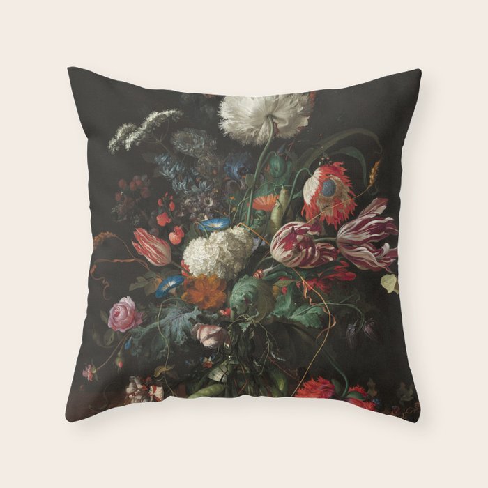 Still Life Parrot Tulips, Peonies, Hibiscus, Hydranga, Periwinkle Flowers in Vase by Jan de Heem Throw Pillow Gallery Image 1