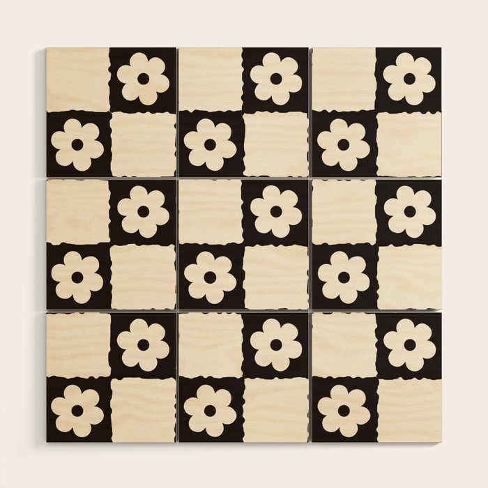 Retro Flower Checker in Black&White Wood Wall Art Gallery Image 1