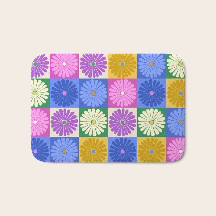 Retro Flowers Check Pattern XIV Bath Mat Gallery Image 1