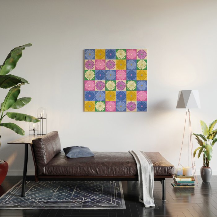Retro Flowers Check Pattern XIV Wood Wall Art Gallery Image 2