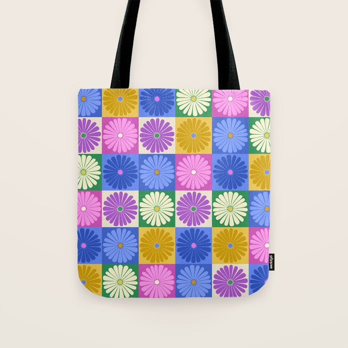 Retro Flowers Check Pattern XIV Tote Bag Gallery Image 1