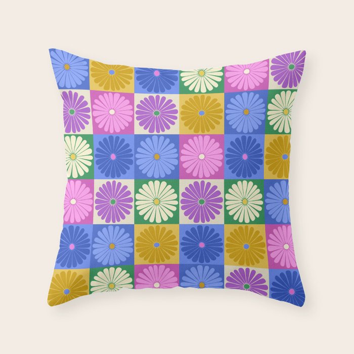 Retro Flowers Check Pattern XIV Throw Pillow Gallery Image 1