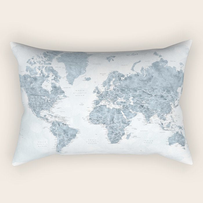 Steel Watercolor Detailed World Map Raul Rectangular Pillow