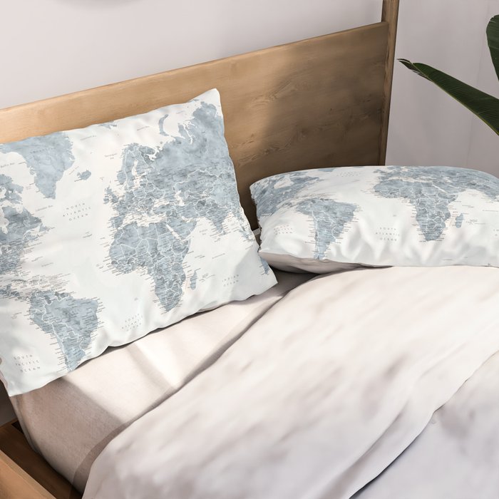 Steel watercolor detailed world map Raul Pillow Sham Gallery Image 2