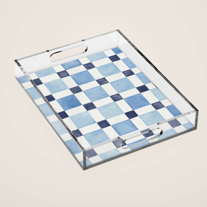 Mosaic plaids geometric pattern watercolor Soft blue Acrylic Tray Gallery Image 1