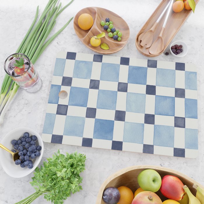 Mosaic plaids geometric pattern watercolor Soft blue Cutting Board Gallery Image 2