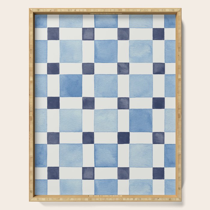 Mosaic plaids geometric pattern watercolor Soft blue Serving Tray Gallery Image 1