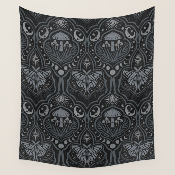 Celestial Forest Damask - Charcoal Wall Tapestry Gallery Image 4
