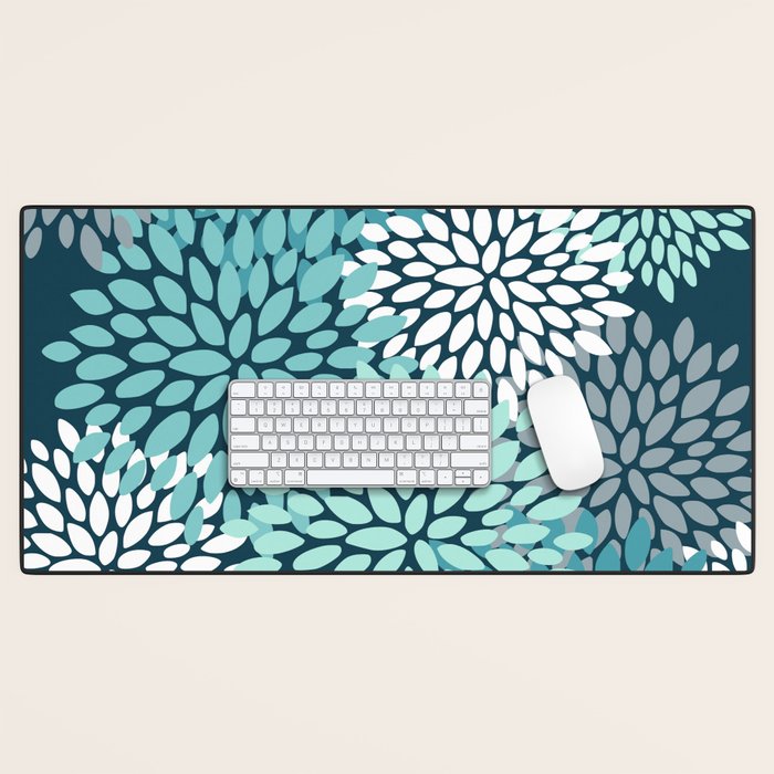 Modern Flowers Print, Teal and White Desk Mat Gallery Image 1