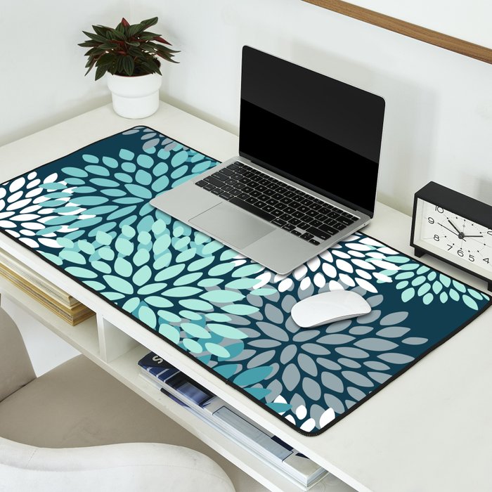 Modern Flowers Print, Teal and White Desk Mat Gallery Image 2