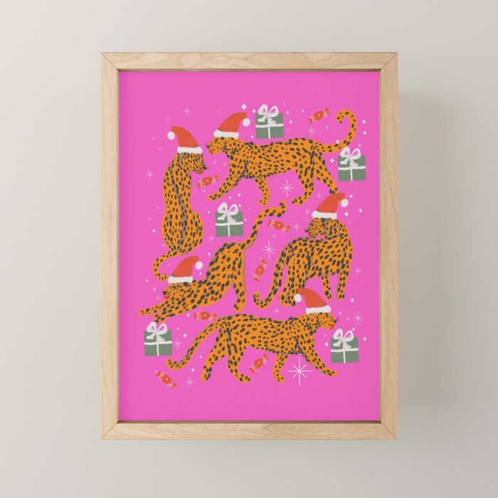 Fashionable cats with Christmas hats and gifts in fuchsia pink background  Mini Art Print Gallery Image 1