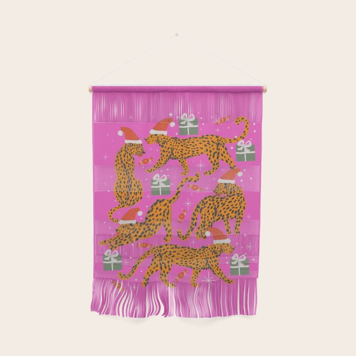 Fashionable cats with Christmas hats and gifts in fuchsia pink background  Wall Hanging Gallery Image 1