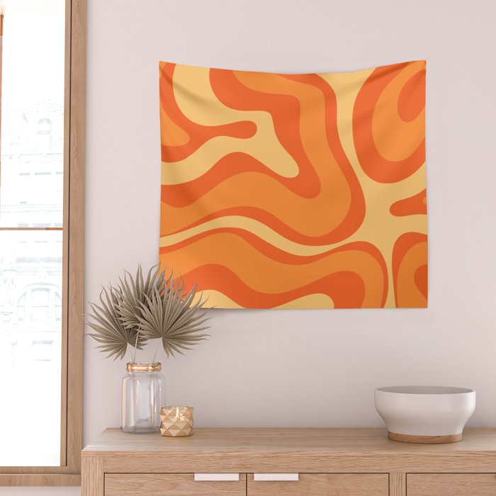 Retro Modern Liquid Swirl Abstract Pattern Square in Orange Tangerine and Yellow Tones Wall Tapestry Gallery Image 2