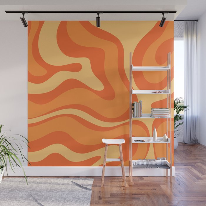 Retro Modern Liquid Swirl Abstract Pattern Square in Orange Tangerine and Yellow Tones Wall Mural Gallery Image 1