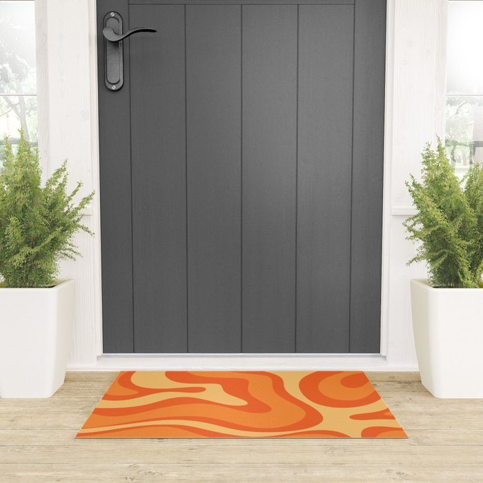 Retro Modern Liquid Swirl Abstract Pattern Square in Orange Tangerine and Yellow Tones Welcome Mat Gallery Image 3