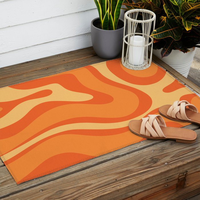 Retro Modern Liquid Swirl Abstract Pattern Square in Orange Tangerine and Yellow Tones Outdoor Rug Gallery Image 2