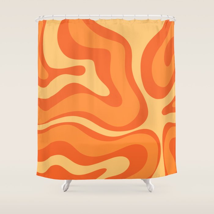 Retro Modern Liquid Swirl Abstract Pattern Square in Orange Tangerine and Yellow Tones Shower Curtain Gallery Image 1