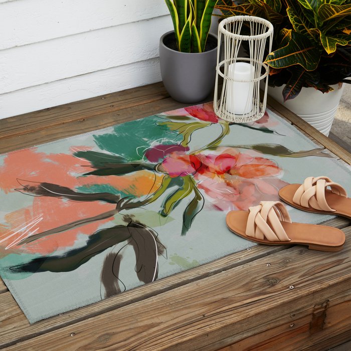 peonies abstract floral Outdoor Rug Gallery Image 2