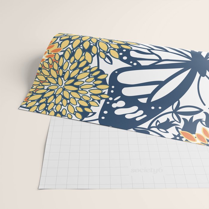 Butterfly and Floral Prints, Navy Blue, Orange, Yellow Wrapping Paper Gallery Image 2