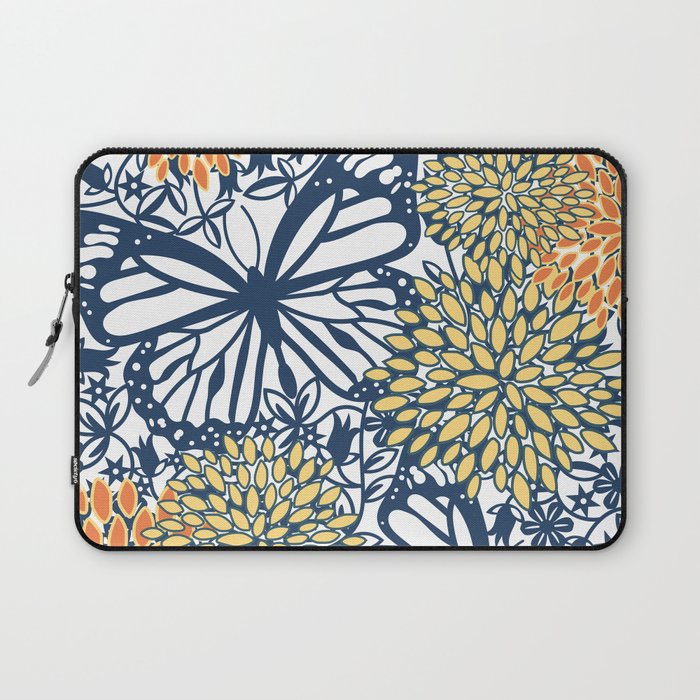 Butterfly and Floral Prints, Navy Blue, Orange, Yellow Laptop Sleeve Gallery Image 1
