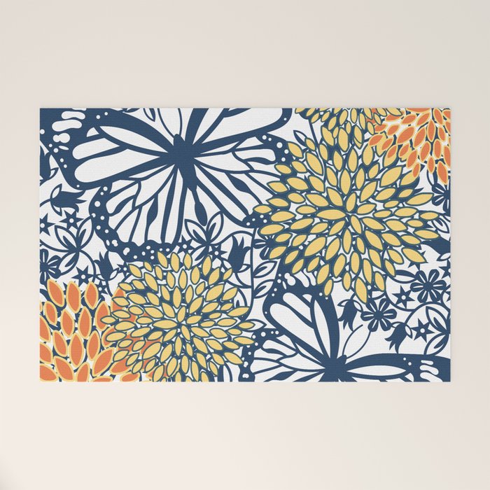 Butterfly and Floral Prints, Navy Blue, Orange, Yellow Welcome Mat Gallery Image 1