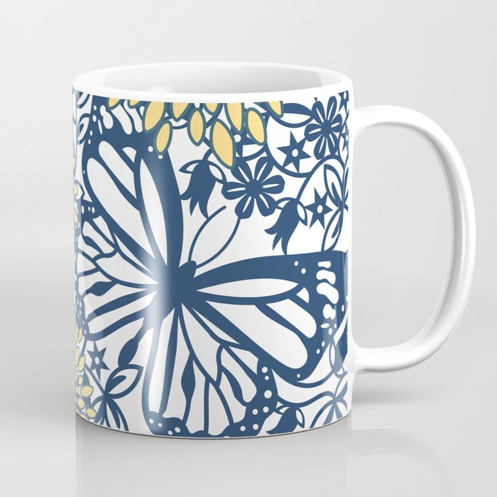 Butterfly and Floral Prints, Navy Blue, Orange, Yellow Coffee Mug Gallery Image 1