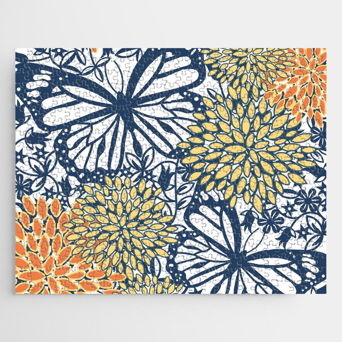 Butterfly and Floral Prints, Navy Blue, Orange, Yellow Jigsaw Puzzle Gallery Image 1