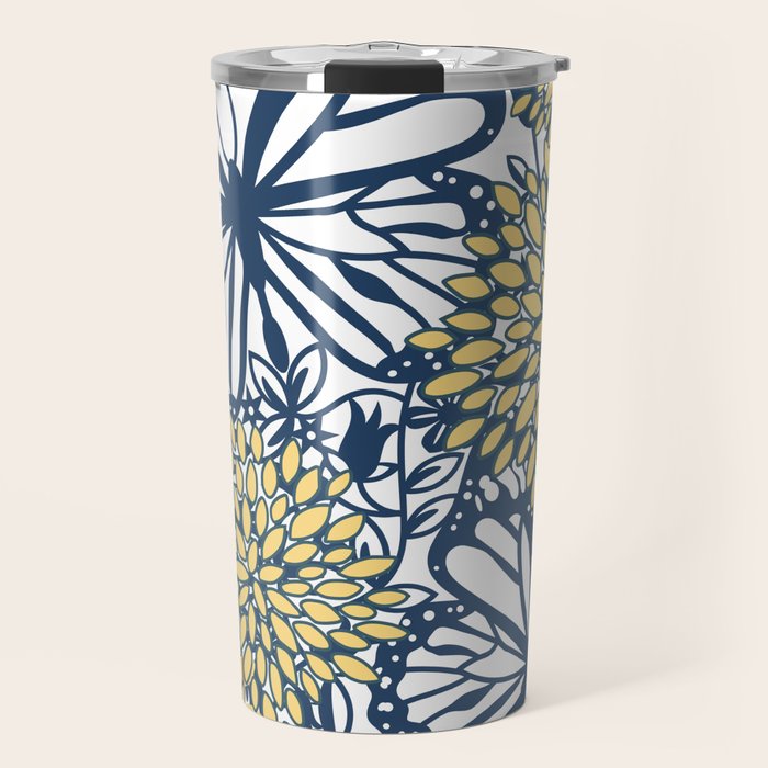 Butterfly and Floral Prints, Navy Blue, Orange, Yellow Travel Mug Gallery Image 1