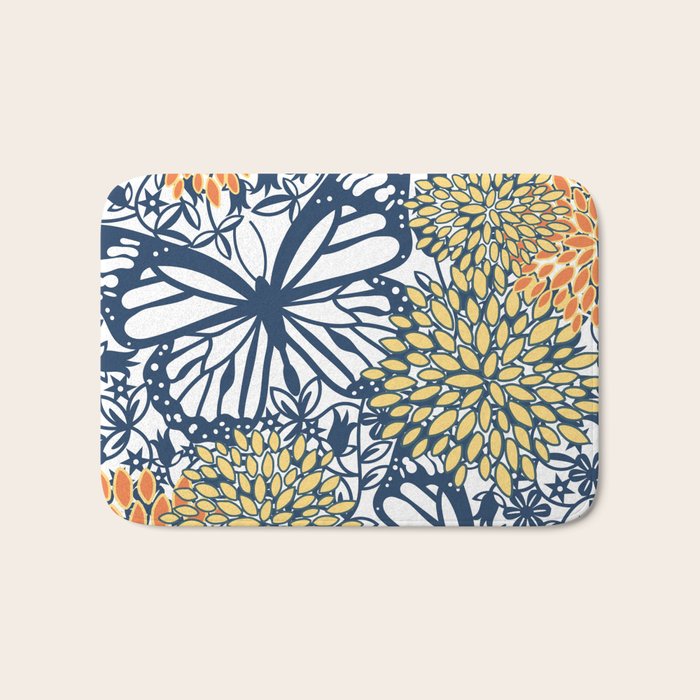 Butterfly and Floral Prints, Navy Blue, Orange, Yellow Bath Mat Gallery Image 1