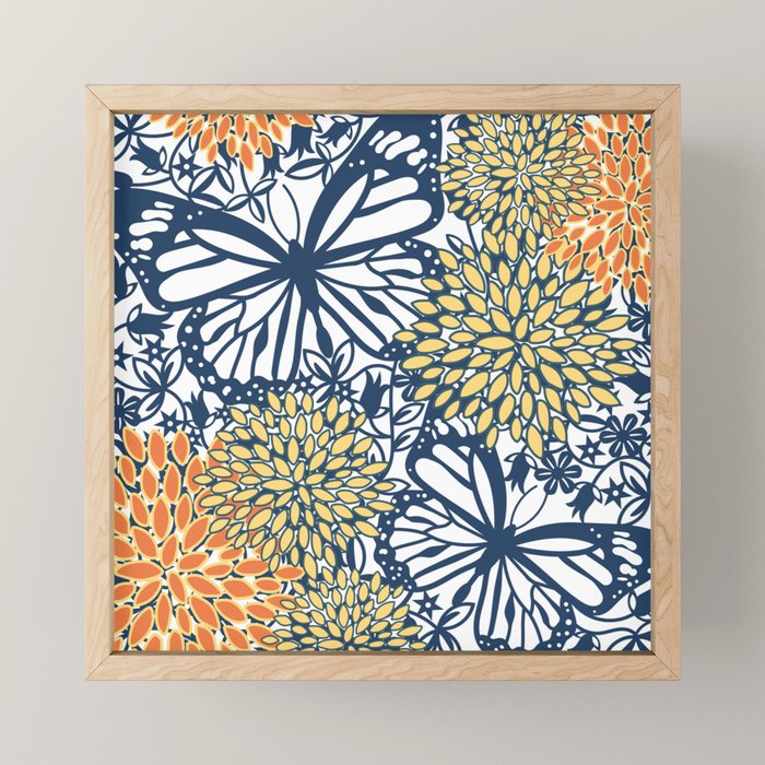 Butterfly and Floral Prints, Navy Blue, Orange, Yellow Mini Art Print Gallery Image 1