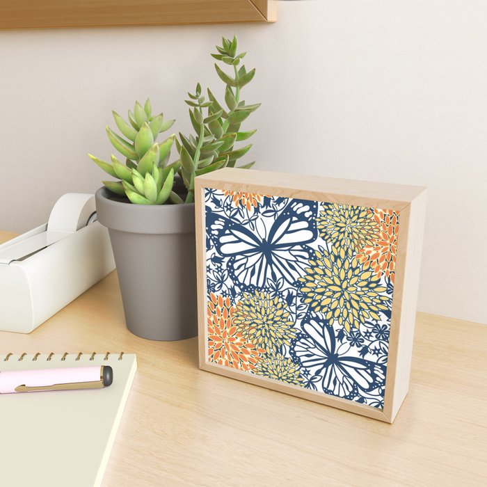Butterfly and Floral Prints, Navy Blue, Orange, Yellow Mini Art Print Gallery Image 2