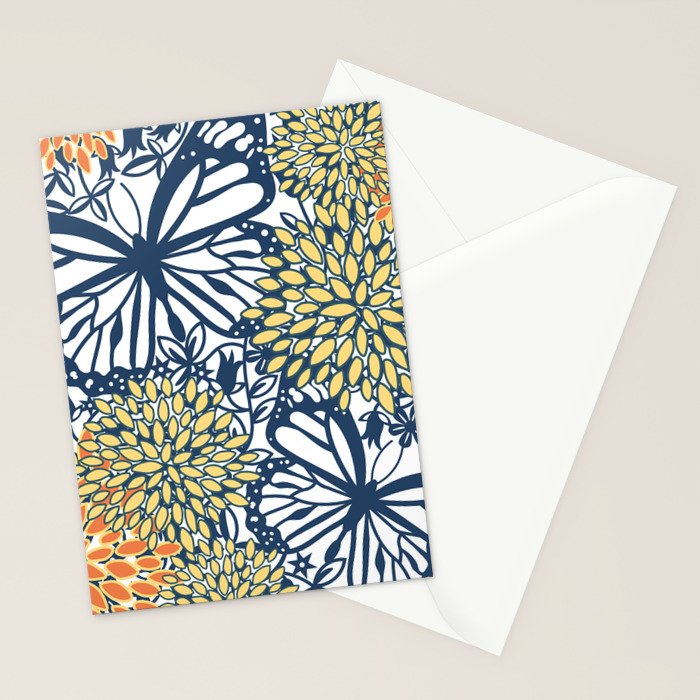 Butterfly and Floral Prints, Navy Blue, Orange, Yellow Stationery Card Gallery Image 2