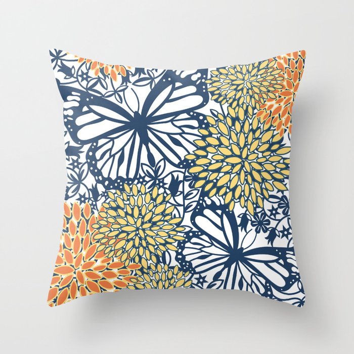 Butterfly and Floral Prints, Navy Blue, Orange, Yellow Throw Pillow Gallery Image 6