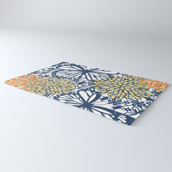 Butterfly and Floral Prints, Navy Blue, Orange, Yellow Rug Gallery Image 3