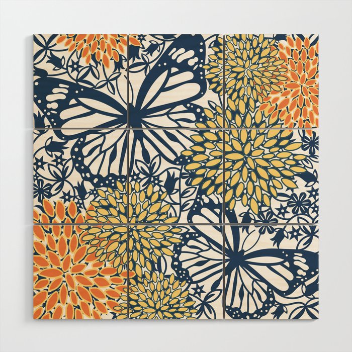 Butterfly and Floral Prints, Navy Blue, Orange, Yellow Wood Wall Art Gallery Image 1