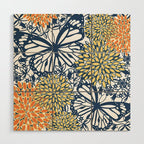 Butterfly and Floral Prints, Navy Blue, Orange, Yellow Wood Wall Art Gallery Image 1